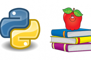 Python logo next to a stack of school books with an apple on top used to help demonstrate how to teach coding for kids